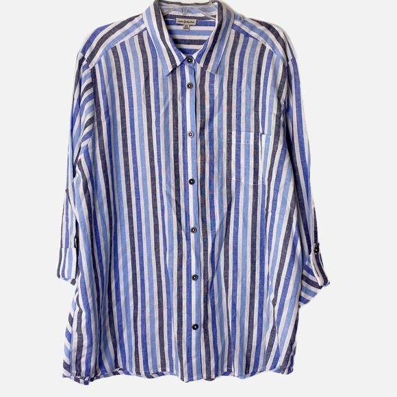 Linen Blend Tunic Top By Seven Forty Two Size XXL Button Up Stripe 3/4 sleeve - Picture 1 of 9